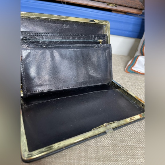 Abas Bags Abas Black Croc Leather Gold Tone Frame Clutch Wallet